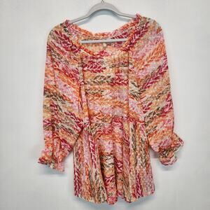 Cato Tropical Peplum Blouse Size 14/16 Pink Swiss Dot Flocked Ruffle Vacation